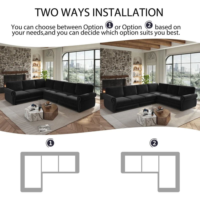 Modern L-Shaped Sectional with Pull-Out Bed, Chic Sleeper Couch with Nailhead Trim and Rolled Arms, 118'' L x 86.5" W x 36.5" H, Black