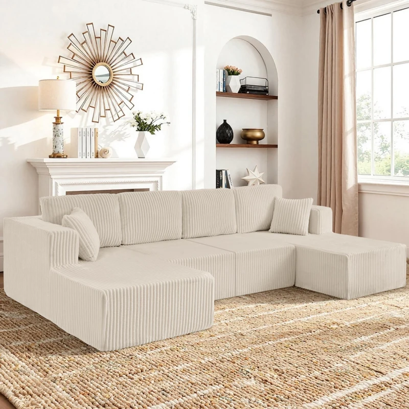 U-Shaped Modular Sectional with Plush Foam and Springs, Cozy Corduroy Sleeper Couch with No Assembly, 161'' L x 80.5" W x 24.5" H, Beige