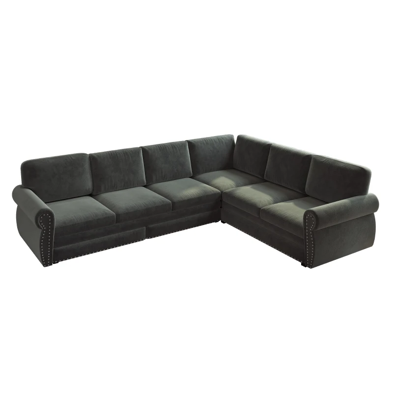 Modern L-Shaped Sectional with Pull-Out Bed, Chic Sleeper Couch with Nailhead Trim and Rolled Arms, 118'' L x 86.5" W x 36.5" H, Dark Grey