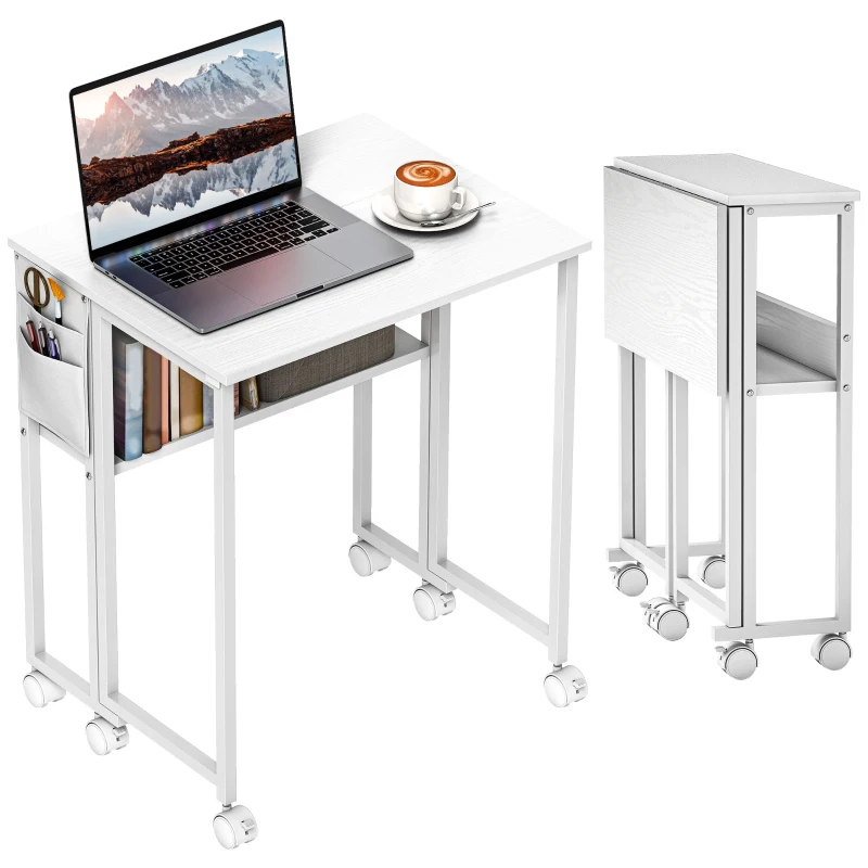 HOMCOM Folding Computer Desk, Foldable Desk with Storage Bag, Shelf and Wheels for Small Spaces, Home Office, White