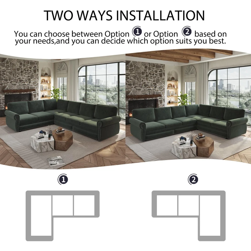 Chic L-Shaped Sectional with Pull-Out Bed and Nailhead Trim, Versatile Chenille Sleeper Sofa for Living Room, 118'' L x 86.5" W x 36.5" H, Green
