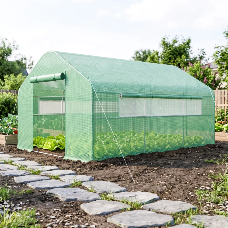 Outsunny 13' x 10' x 6.5' Tunnel Greenhouse Hoop House with Upgraded Galvanized Steel Frame and Large Windows, Green