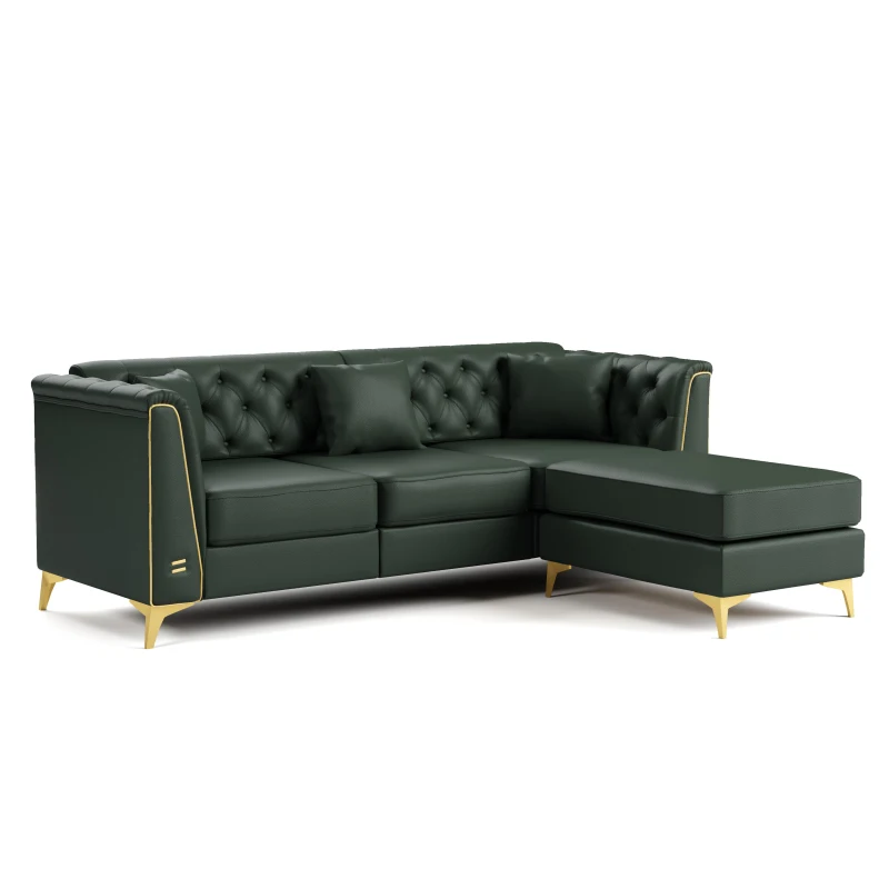Elegant 3-Seater Chesterfield Sofa with Button Tufting, Chic Faux Leather Couch with 3 Pillows and Ottoman, 81.5'' L x 30.5" W x 30.5" H, Green