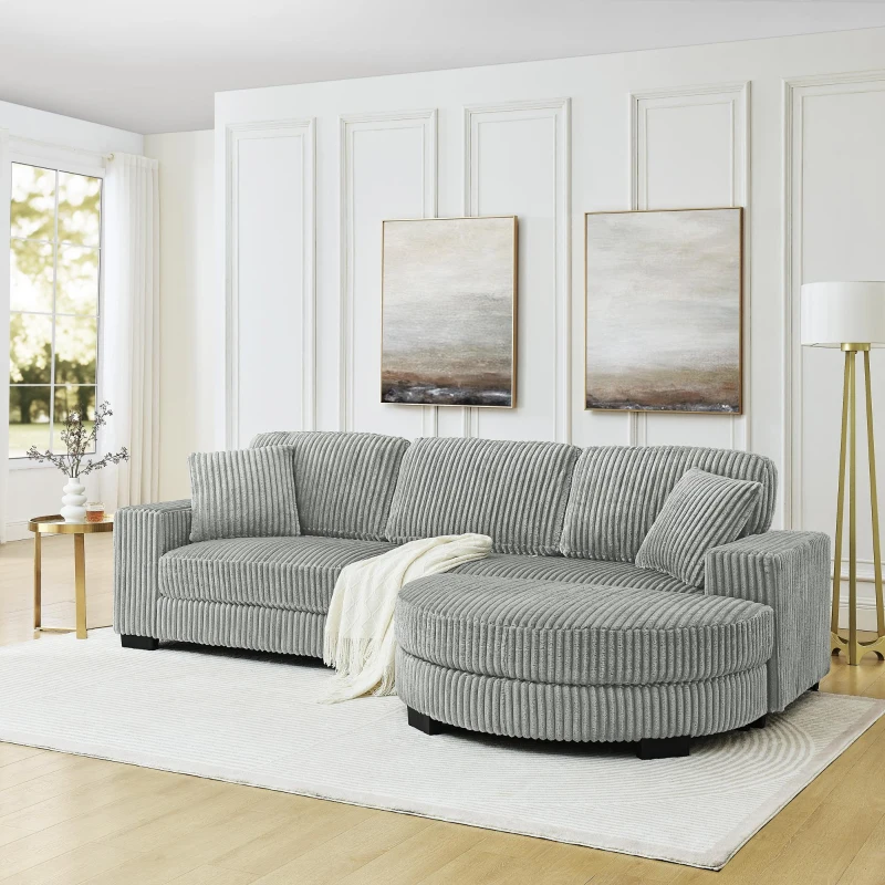 Elegant L-Shaped Modular Sleeper Sectional with Reversible Chaise, Tufted Corduroy Sofa with Arc Footstool, 110.5'' L x 57" W x 25.5" H, Grey