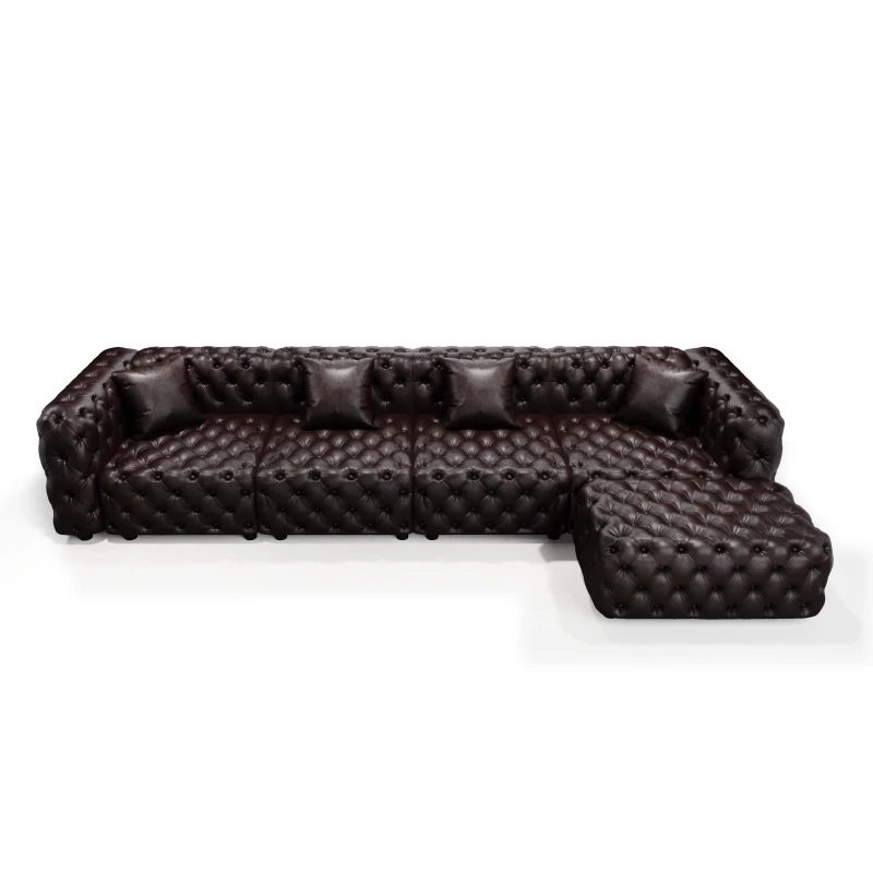 Sleek Faux Leather Sectional Sofa with Button Tufting, Inviting Modular 4-Seater Couch for Living Room, 134.5'' L x 36.5"W x 29" H, Dark Brown
