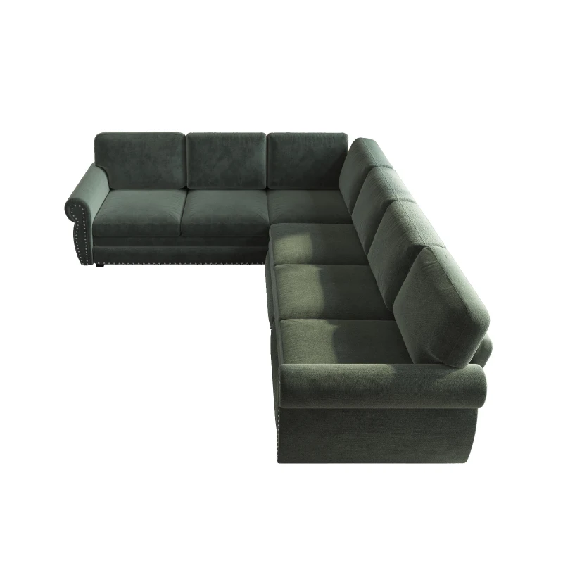 Chic L-Shaped Sectional with Pull-Out Bed and Nailhead Trim, Versatile Chenille Sleeper Sofa for Living Room, 118'' L x 86.5" W x 36.5" H, Green