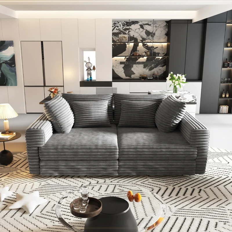 Fluffy Corduroy 4-Seat Sofa with Deep Seat, Space-Saving Convertible Lounge Chair for Apartment Office, 102.5'' L x 35.5"W x 25.5" H, Grey
