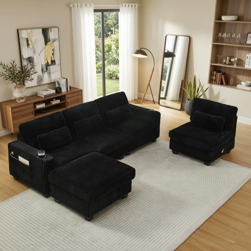Versatile Corduroy Modular Sectional Sofa with Detachable Footrest, Modern L-Shaped Couch for Living Room, 124.5'' L x 31.5"W x 30" H, Black