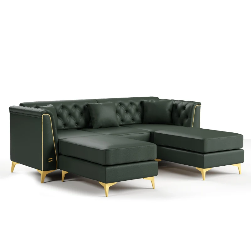 Elegant 3-Seater Chesterfield Sofa with Button Tufting, Chic Faux Leather Couch with 3 Pillows and Ottoman, 81.5'' L x 30.5" W x 30.5" H, Green