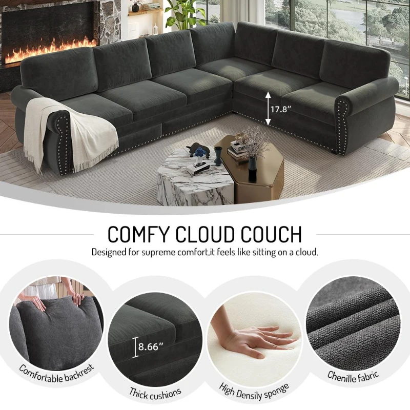 Modern L-Shaped Sectional with Pull-Out Bed, Chic Sleeper Couch with Nailhead Trim and Rolled Arms, 118'' L x 86.5" W x 36.5" H, Dark Grey