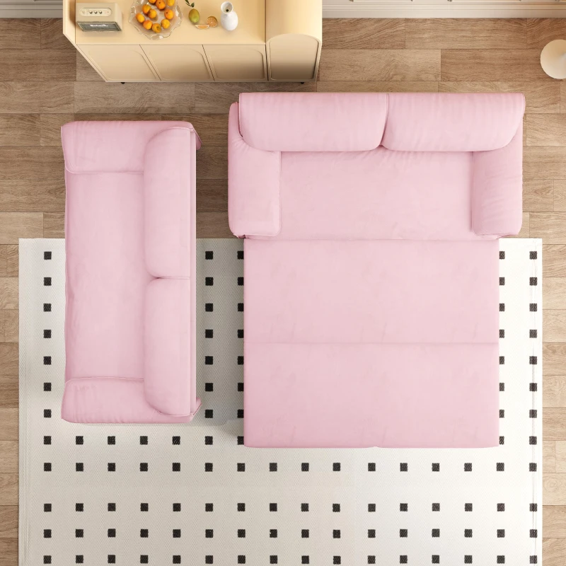 Modern 3-in-1 Convertible Sofa with Side Storage and Metal Legs, Chic Velvet Loveseat Bed with Rolling Wheels, 66'' L x 33.5" W x 36" H, Pink