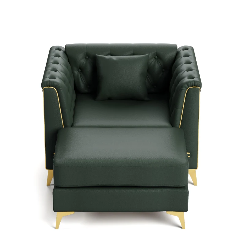 Elegant 2-Piece Chesterfield Sofa with Button Tufting and Metal Trim, Chic Faux Leather Ottoman with Pillow, 40'' L x 30.5" W x 30.5" H, Green