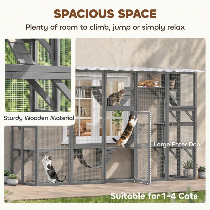 PawHut Large Outdoor Catio with Condos, Platforms, Doors, Ladders, Weather-Resistant Roof, Grey