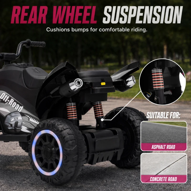 Qaba 12V Kids ATV with Dual Motors, Rear Suspension, 2.2 MPH Max, Light-Up Wheels, Music, Horn, Headlights for 3-6, Black