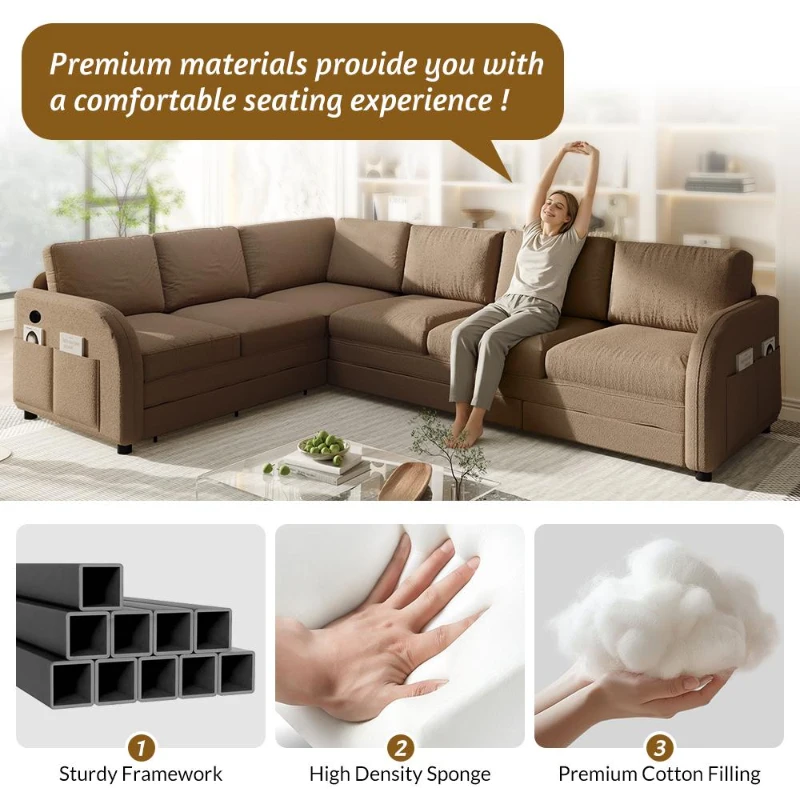 Modern L-Shaped Sectional with Pull-Out Bed, Chic Sleeper Couch with USB Port and Side Pocket, 115'' L x 83.5" W x 36.5" H, Brown