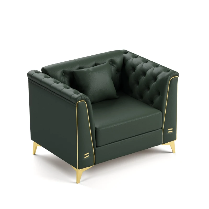 Elegant Chesterfield Armchair with Button Tufting, Chic Faux Leather Couch with Metal Trim and Pillow, 40'' L x 30.5" W x 30.5" H, Green