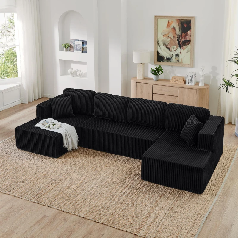 Versatile U-Shaped Modular Sectional Sofa with Spring Cushions, Comfy Sleeper Couch for Living Room Bedroom, 132.5'' L x 61"W x 25.5" H, Black