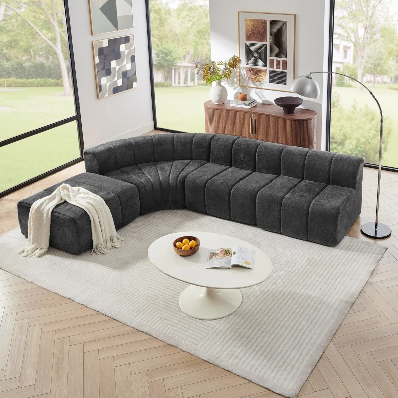 Modern Semi-Curved Modular Sectional Sofa with Movable Ottoman, Cozy Stitched Chenille Couch for Living Room, 116.5'' L x 76"W x 25.5" H, Black
