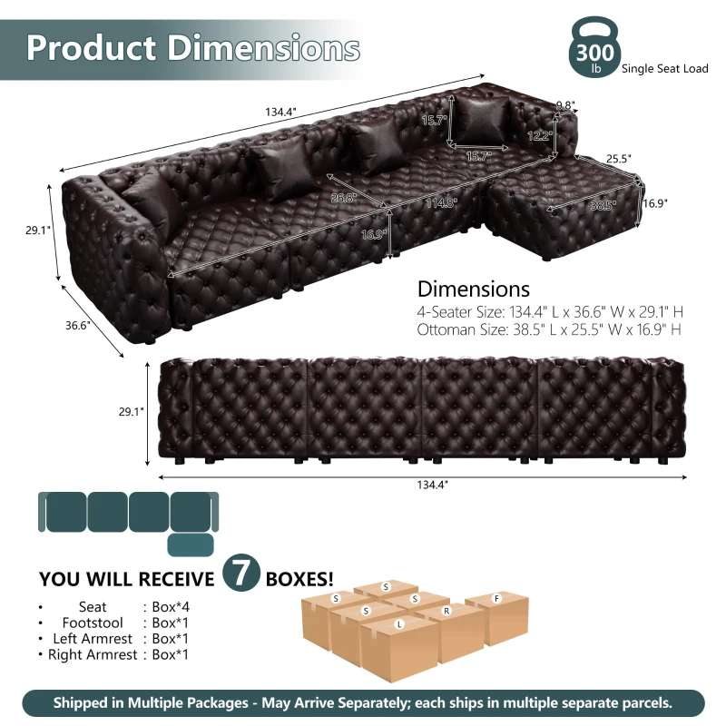 Sleek Faux Leather Sectional Sofa with Button Tufting, Inviting Modular 4-Seater Couch for Living Room, 134.5'' L x 36.5"W x 29" H, Dark Brown