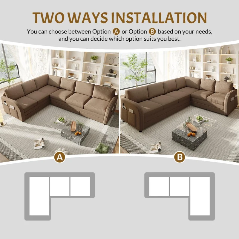 Modern L-Shaped Sectional with Pull-Out Bed, Chic Sleeper Couch with USB Port and Side Pocket, 115'' L x 83.5" W x 36.5" H, Brown