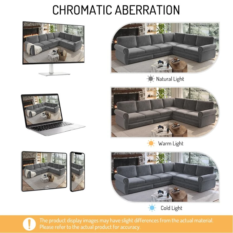 Elegant L-Shaped Sectional with Pull-Out Bed, Chic Chenille Sleeper Couch with Nailhead Trim, 118'' L x 86.5" W x 36.5" H, Light Grey