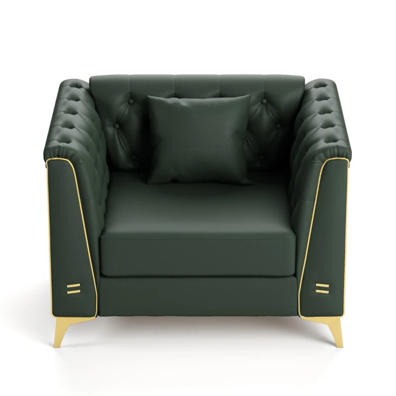 Elegant Chesterfield Armchair with Button Tufting, Chic Faux Leather Couch with Metal Trim and Pillow, 40'' L x 30.5" W x 30.5" H, Green