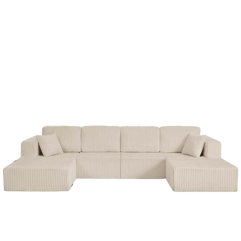 U-Shaped Modular Sectional with Plush Foam and Springs, Cozy Corduroy Sleeper Couch with No Assembly, 161'' L x 80.5" W x 24.5" H, Beige