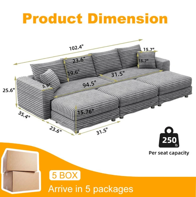 Plush Corduroy Cloud 4-Seat Sofa with 3 Ottomans, Comfy Convertible Lounge Chair for Apartment Office, 102.5'' L x 35.5"W x 25.5" H, Grey