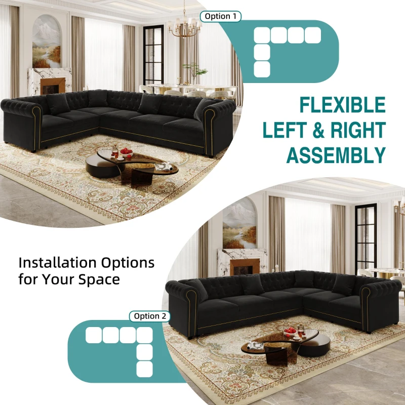 Elegant L-Shaped Sectional with Pull-Out Bed, Soft Velvet Sleeper Sofa with Tufting and Gold Trim, 115.5'' L x 87.5" W x 29" H, Black
