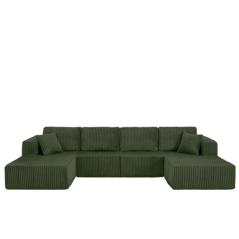 U-Shaped Modular Sectional with Plush Foam and Springs, Cozy Corduroy Sleeper Couch with No Assembly, 161'' L x 80.5" W x 24.5" H, Green