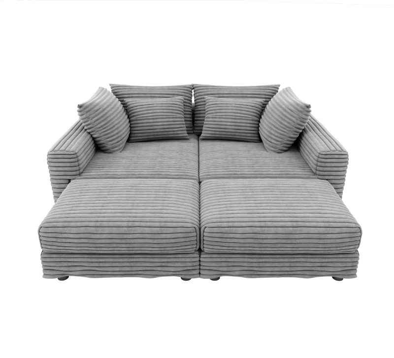 Cloud-Soft Corduroy 4-Seat Sofa with 2 Ottomans, Easy Convertible Lounge Chair for Apartment Office, 102.5'' L x 35.5"W x 25.5" H, Grey