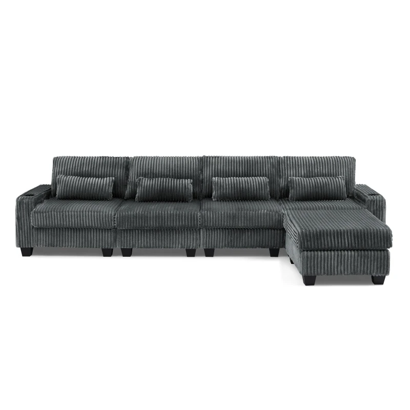 Smart Corduroy Modular Sectional Sofa with Detachable Footrest, Modern L-Shaped Couch for Living Room, 124.5'' L x 31.5"W x 30" H, Dark Gray