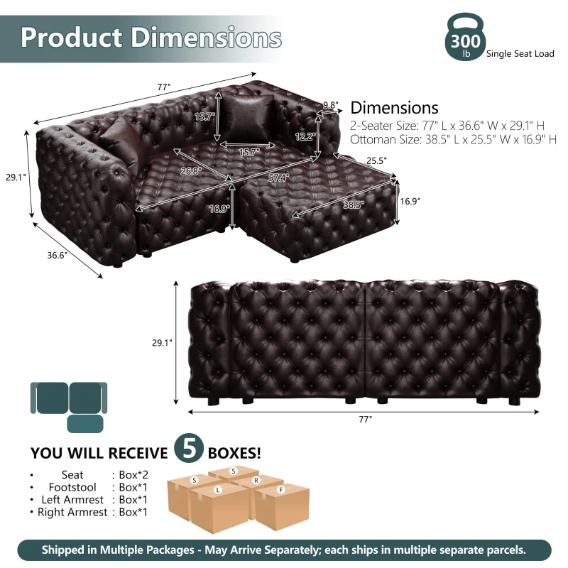 Modern Faux Leather Modular Sofa with Button Tufting and Ottoman, Elegant Sectional Couch for Living Room, 77'' L x 36.5" W x 29" H, Dark Brown