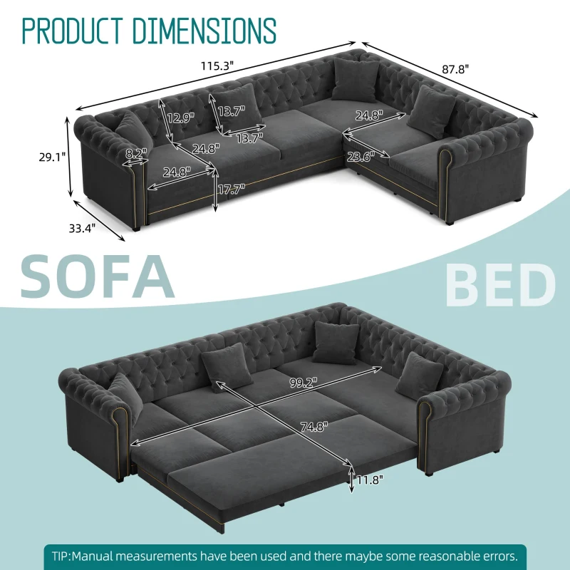 Elegant L-Shaped Sectional with Pull-Out Bed, Soft Velvet Sleeper Sofa with Tufting and Gold Trim, 115.5'' L x 87.5" W x 29" H, Dark Gray