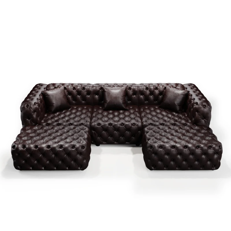 Classic Faux Leather Sectional Sofa with Button Tufting, Flexible Modular 3-Seater Couch for Living Room, 105.5'' L x 36.5"W x 29" H, Dark Brown