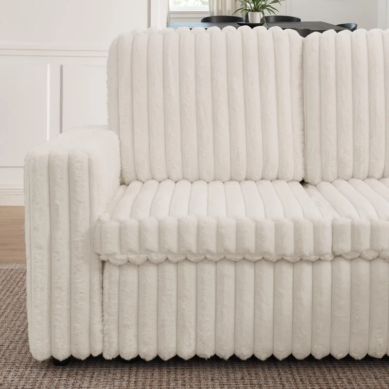 Cozy Striped Corduroy U-Shaped Sofa with Pull-Out Bed, Versatile Storage Chaise Couch for Living Room Bedroom, 114'' L x 90"W x 37" H, Beige