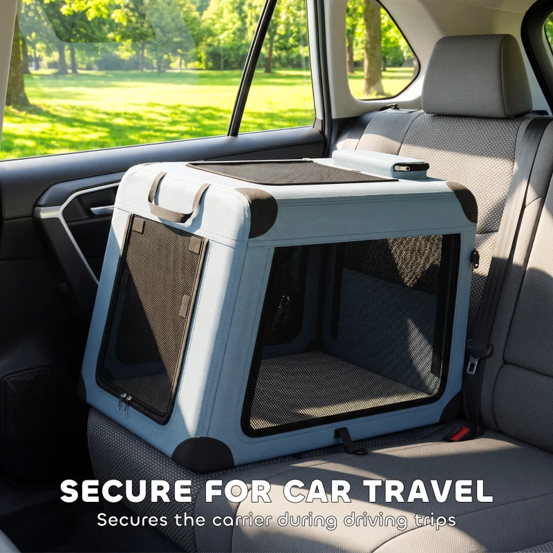 PawHut Pet Carrier for Small Medium Cats Dogs Up to 44 LBS Collapsible Pets Travel Carriers with Removable Mat Mesh Doors Blue