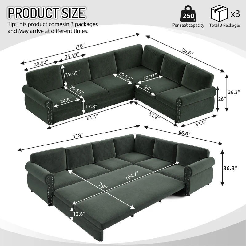 Chic L-Shaped Sectional with Pull-Out Bed and Nailhead Trim, Versatile Chenille Sleeper Sofa for Living Room, 118'' L x 86.5" W x 36.5" H, Green