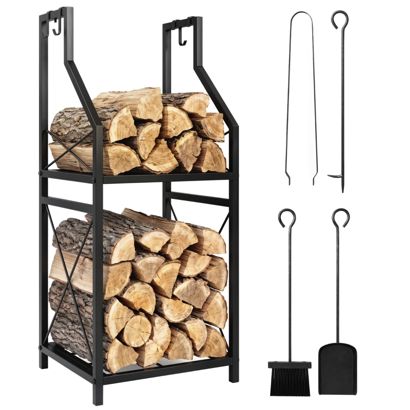 Outsunny Firewood Rack with 4 Fireplace Tools, 2-Tier Metal Log Holder with Hooks, 132 lbs Capacity for Indoor Outdoor, Black