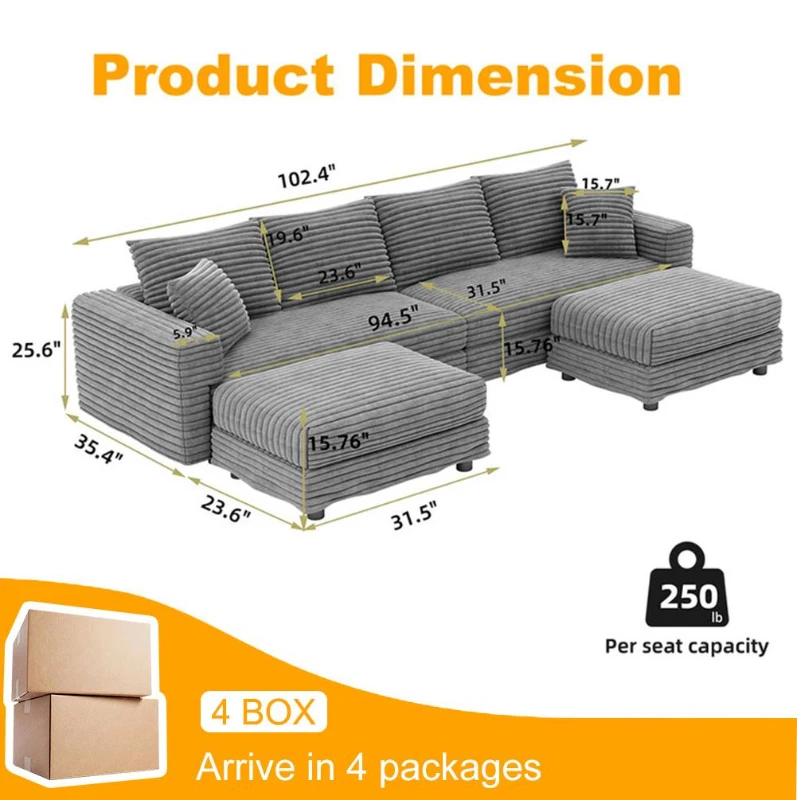 Cloud-Soft Corduroy 4-Seat Sofa with 2 Ottomans, Easy Convertible Lounge Chair for Apartment Office, 102.5'' L x 35.5"W x 25.5" H, Grey