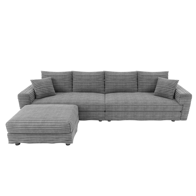 Soft Corduroy Cloud 4-Seat Sofa with Movable Ottoman, Practical Convertible Lounge Chair for Living Room, 102.5'' L x 35.5"W x 25.5" H, Grey