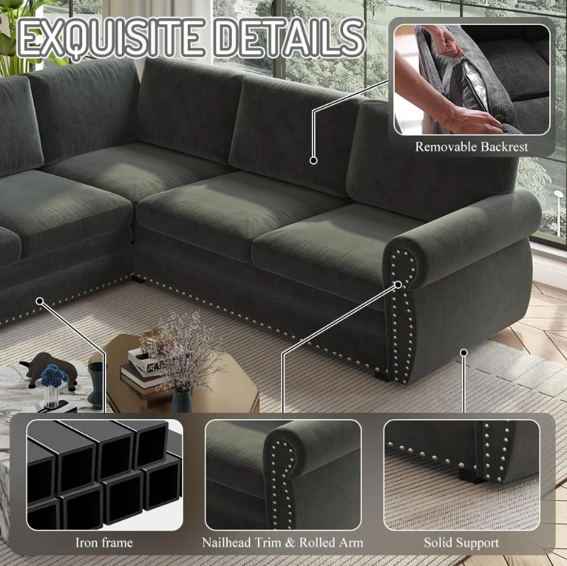 Modern L-Shaped Sectional with Pull-Out Bed, Chic Sleeper Couch with Nailhead Trim and Rolled Arms, 118'' L x 86.5" W x 36.5" H, Dark Grey