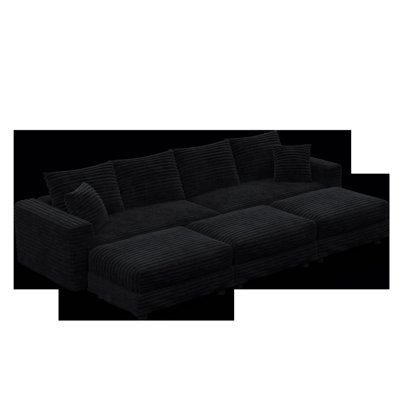 Cozy Corduroy Cloud 4-Seat Sofa with 3 Ottomans, Handy Convertible Lounge Chair for Apartment Office, 102.5'' L x 35.5"W x 25.5" H, Black