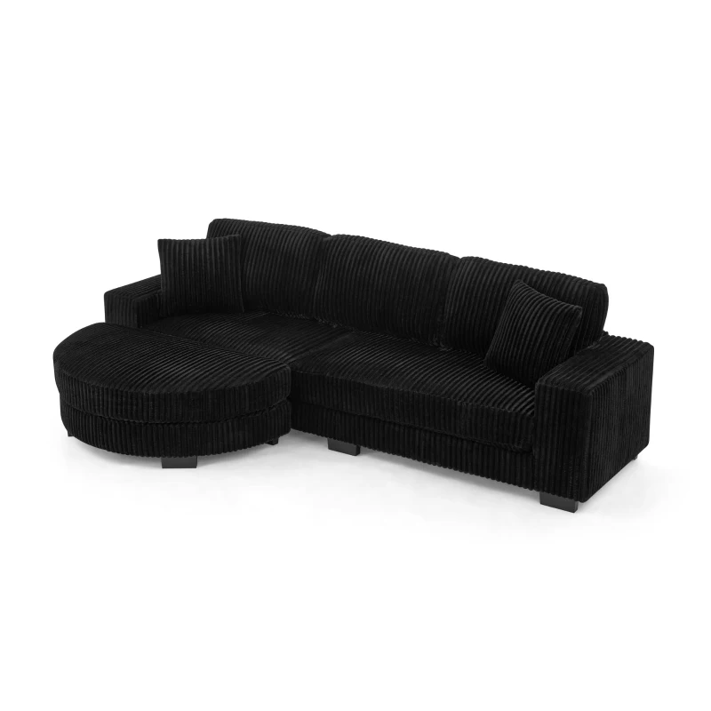 Elegant L-Shaped Modular Sleeper Sectional with Reversible Chaise, Tufted Corduroy Sofa with Arc Footstool, 110.5'' L x 57" W x 25.5" H, Black
