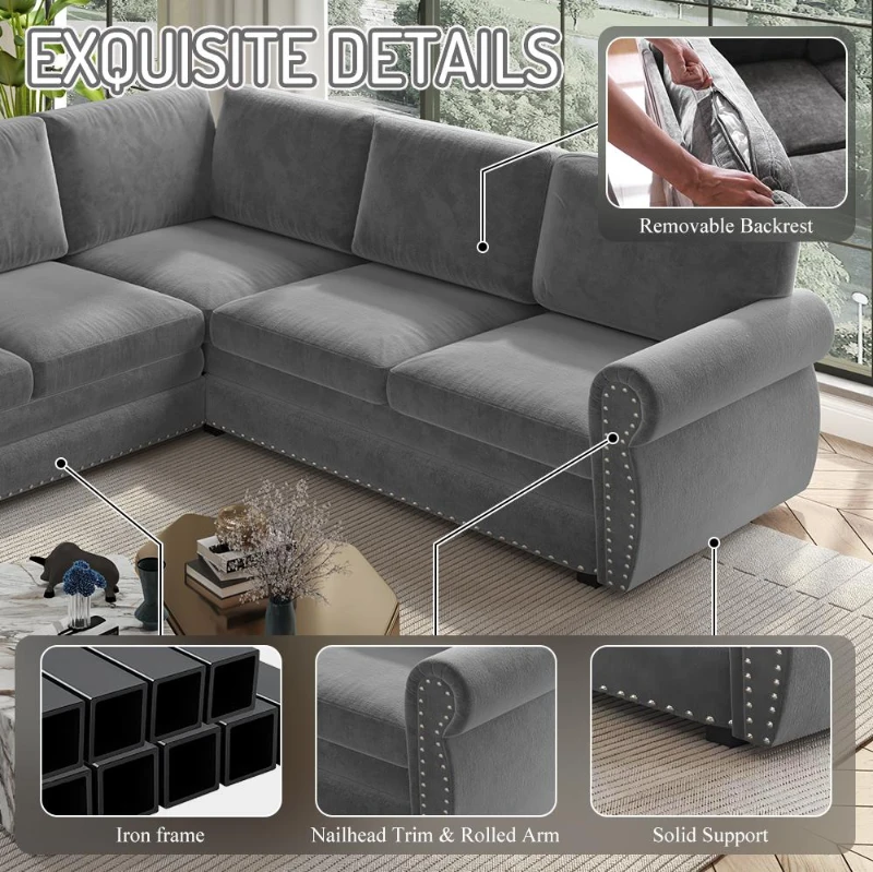 Elegant L-Shaped Sectional with Pull-Out Bed, Chic Chenille Sleeper Couch with Nailhead Trim, 118'' L x 86.5" W x 36.5" H, Light Grey