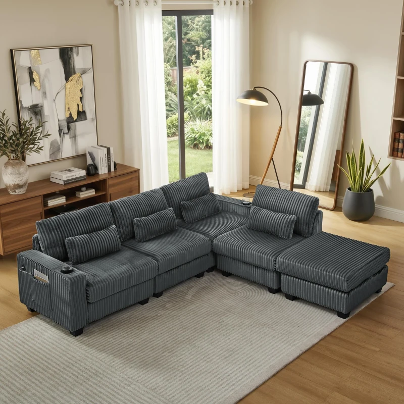 Smart Corduroy Modular Sectional Sofa with Detachable Footrest, Modern L-Shaped Couch for Living Room, 124.5'' L x 31.5"W x 30" H, Dark Gray