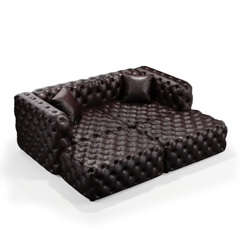 Modern Faux Leather Modular Sofa with Button Tufting and 2 Ottomans, Elegant Sectional Couch for Living Room, 77'' L x 36.5" W x 29" H, Dark Brown