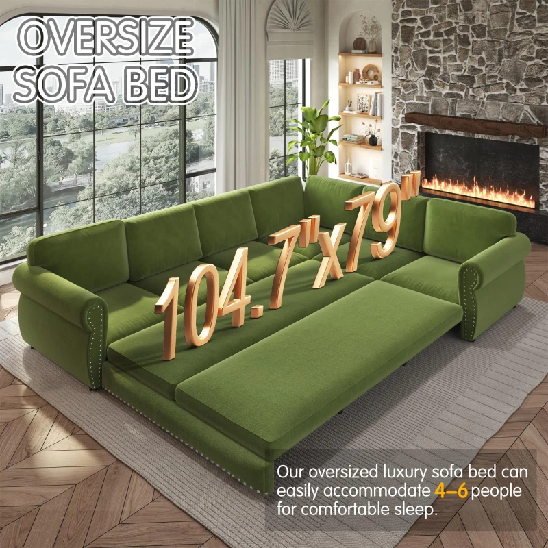 Vibrant L-Shaped Sectional Sofa with Pull-Out Bed, Comfy Convertible Sleeper Couch for Living Room, 118'' L x 86.5"W x 36.5" H, Grass Green