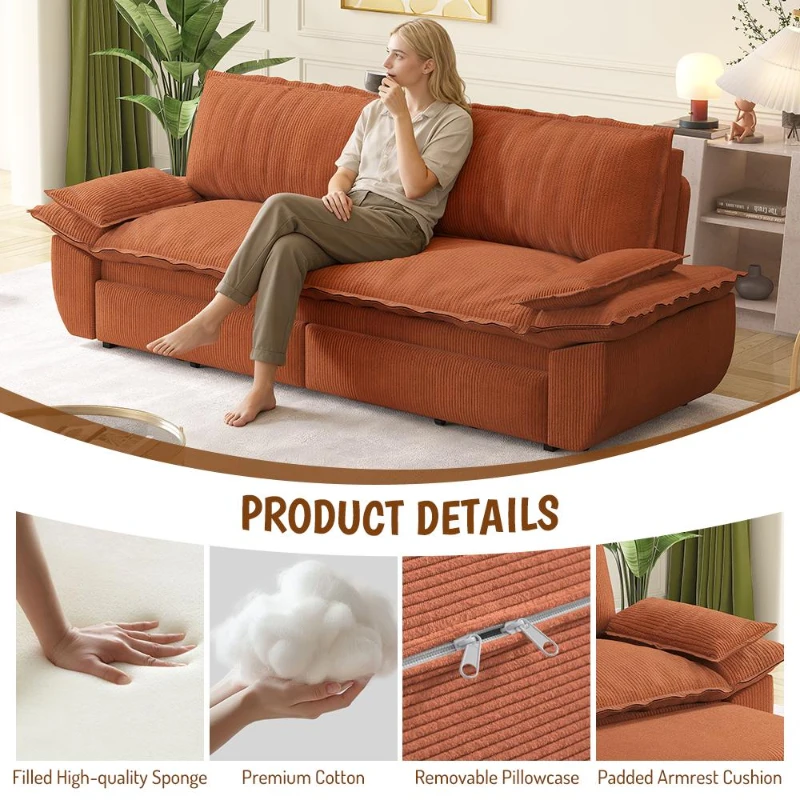 Modern 3-in-1 Sleeper Sofa with Soft Corduroy Upholstery, Versatile Loveseat Bed for Living Room and Bedroom, 73'' L x 33" W x 36" H, Orange