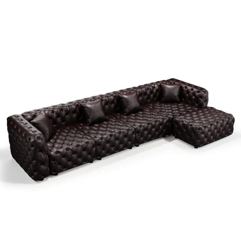 Sleek Faux Leather Sectional Sofa with Button Tufting, Inviting Modular 4-Seater Couch for Living Room, 134.5'' L x 36.5"W x 29" H, Dark Brown